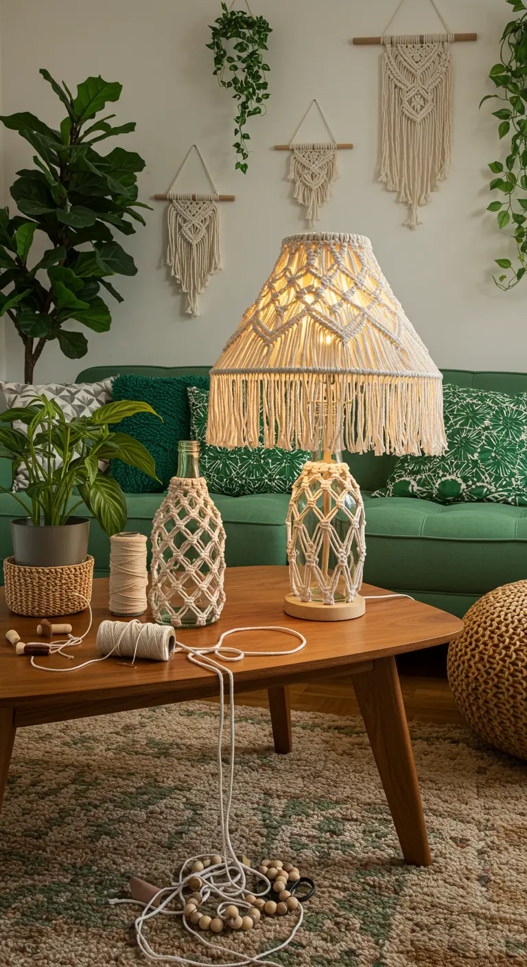 Lámpara con base de botella y pantalla cubiertas de macramé en un salón de estilo bohemio.