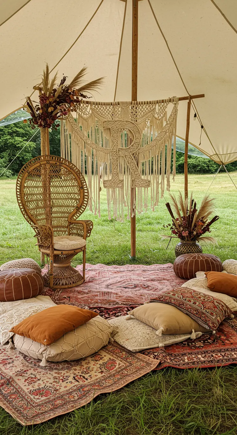 Letra 'R' de macramé colgada en una tienda de campaña tipi con cojines y alfombras bohemias.