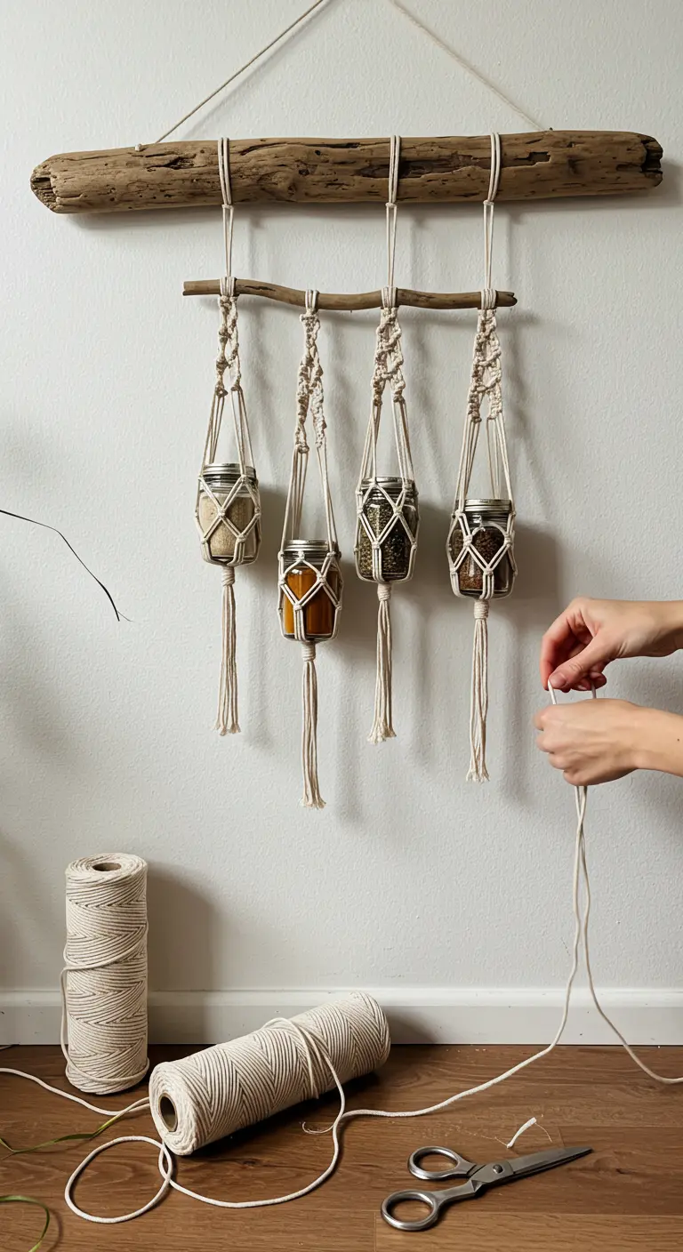 Frascos de especias colgados de la pared en soportes de macramé hechos a mano.