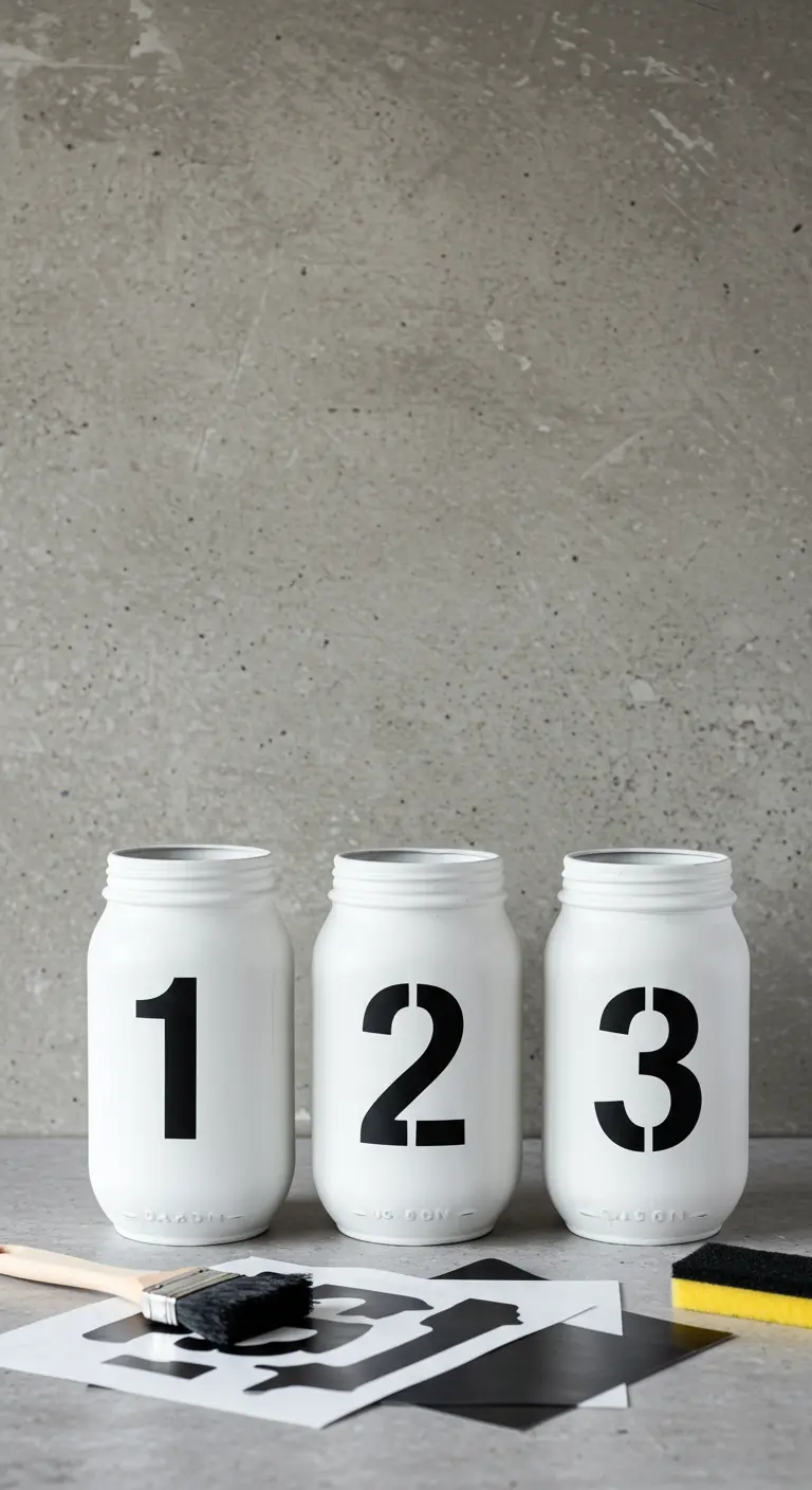 Tres frascos blancos pintados con los números 1, 2 y 3 en negro usando una plantilla.