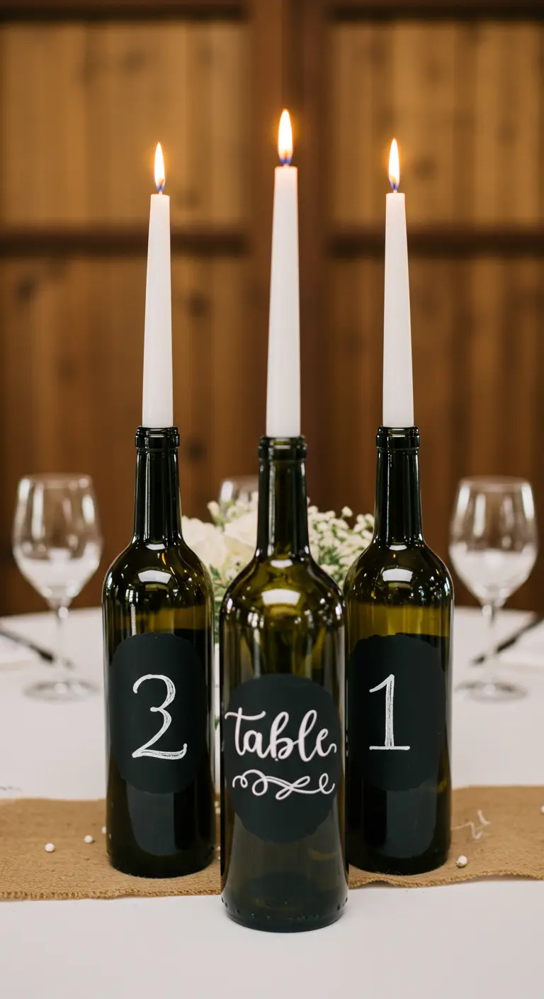 Botellas de vino con etiquetas de pizarra pintadas para indicar los números de las mesas.