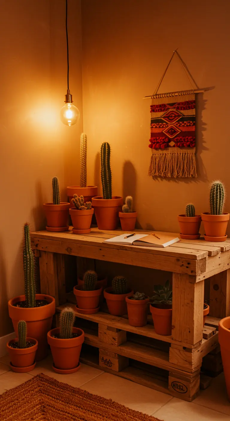 Rincón bohemio con mesa de palet llena de cactus, luz cálida y un tapiz en la pared.