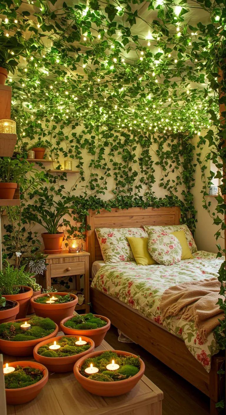 Dormitorio bohemio lleno de plantas y enredaderas, con velas flotando en cuencos de terracota.