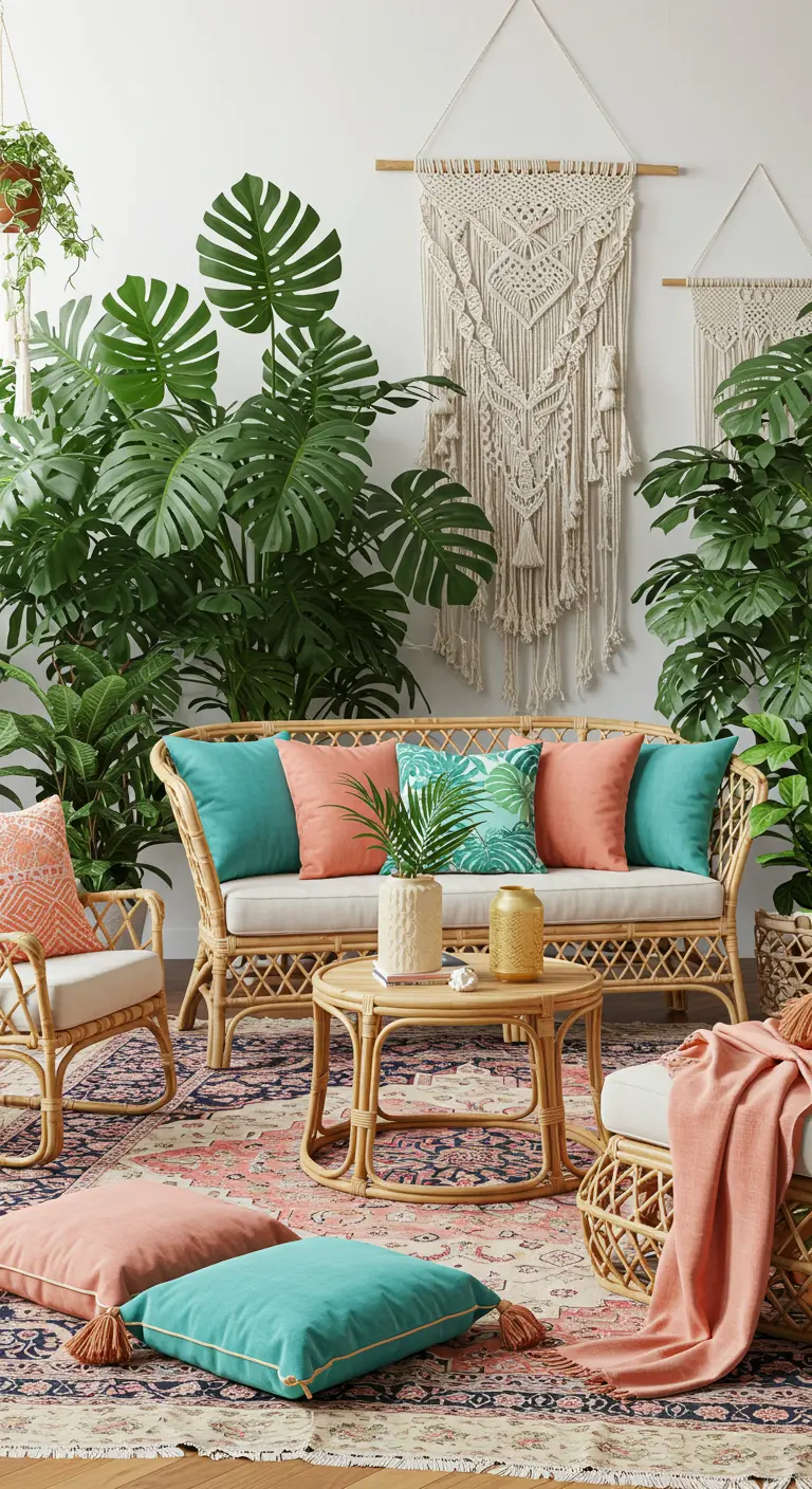 Sala de estar de estilo bohemio con muebles de ratán, muchas plantas y cojines de colores vivos.