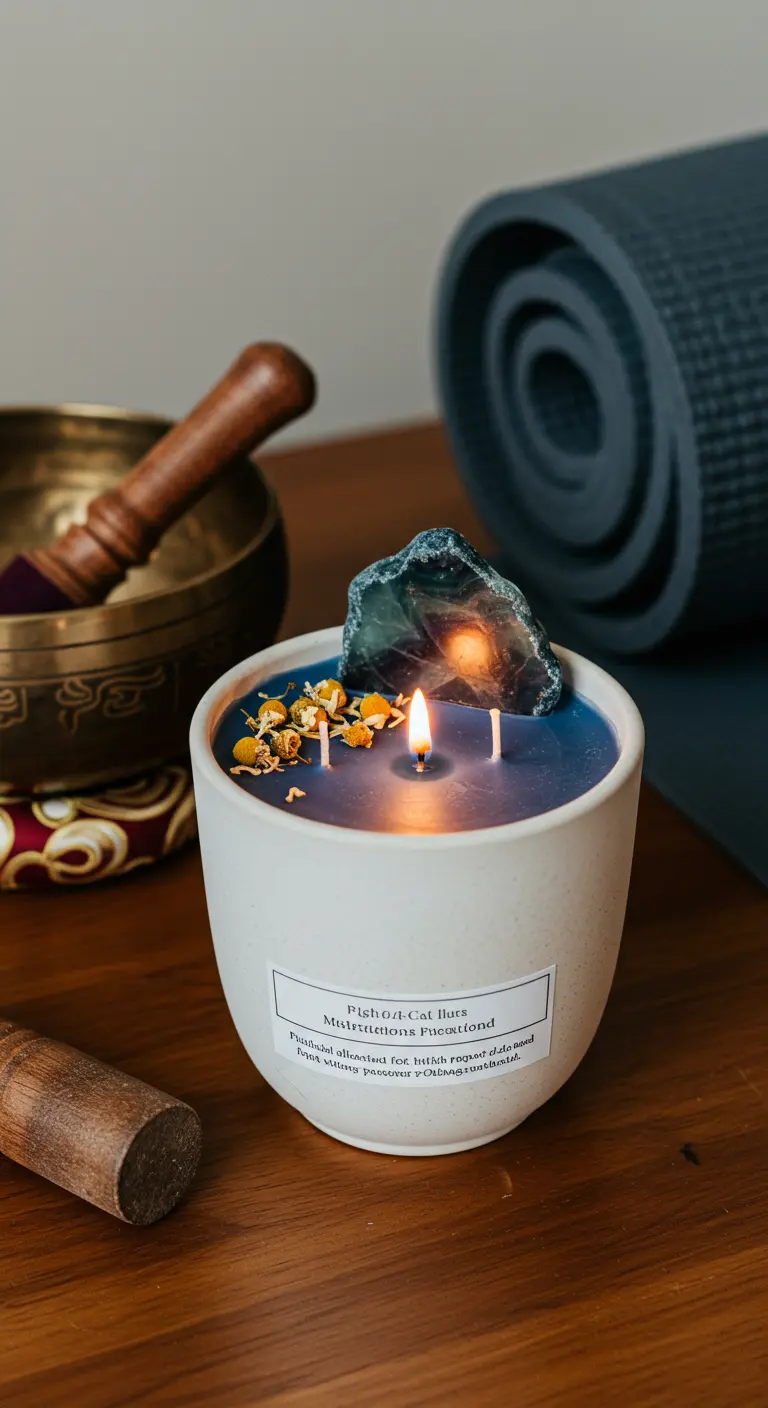 Vela azul encendida con una rebanada de ágata y flores de manzanilla.