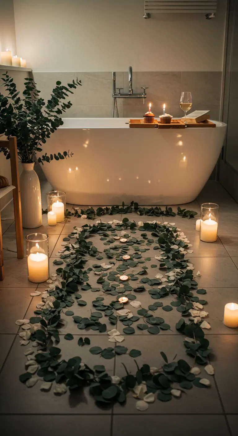 Un círculo de hojas de eucalipto y pétalos blancos en el suelo de un baño, alrededor de una bañera moderna.