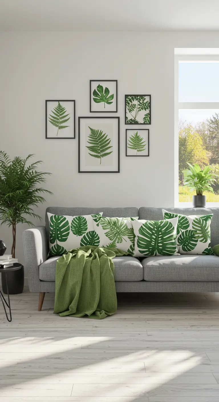 Sofá gris con cojines de hojas de monstera y una manta verde.