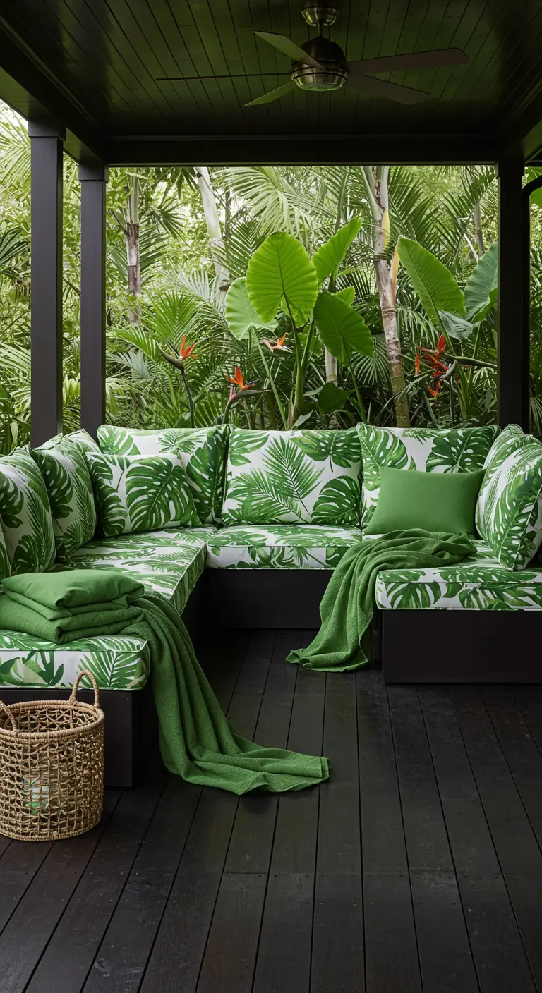 Porche oscuro rodeado de vegetación tropical con un sofá con cojines de estampado de hojas.