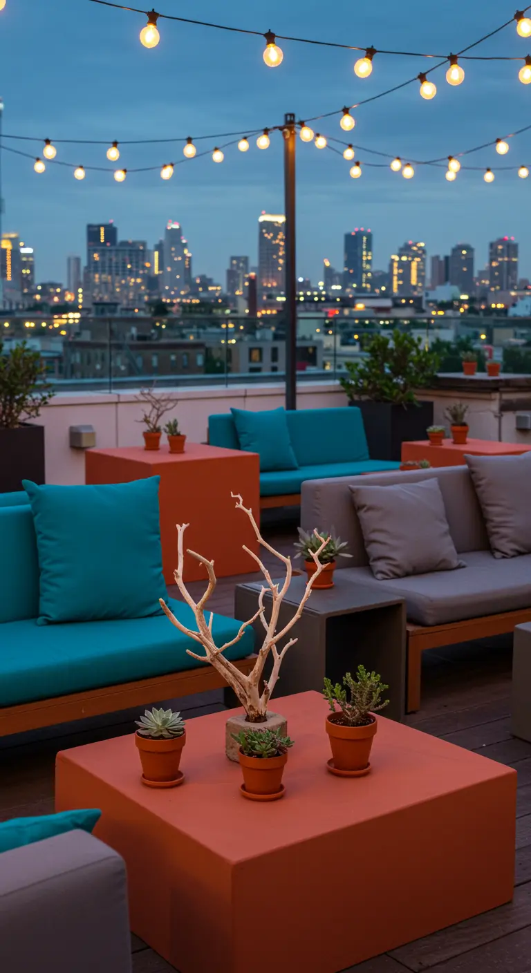 Terraza en la azotea con un centro de mesa de rama blanqueada y suculentas.