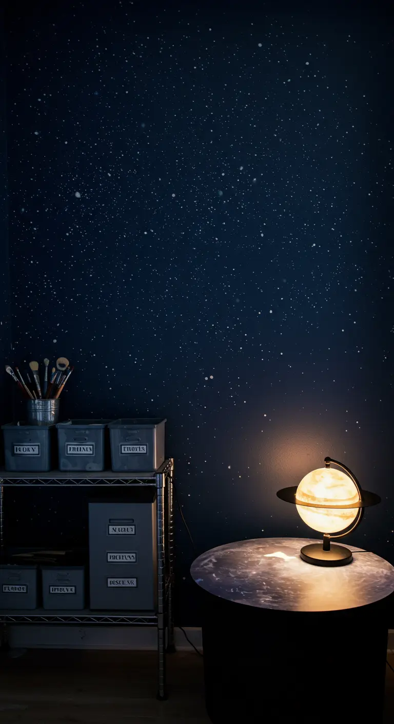 Zona de arte oscura con pared de estrellas, estantería metálica y una lámpara en forma de planeta.
