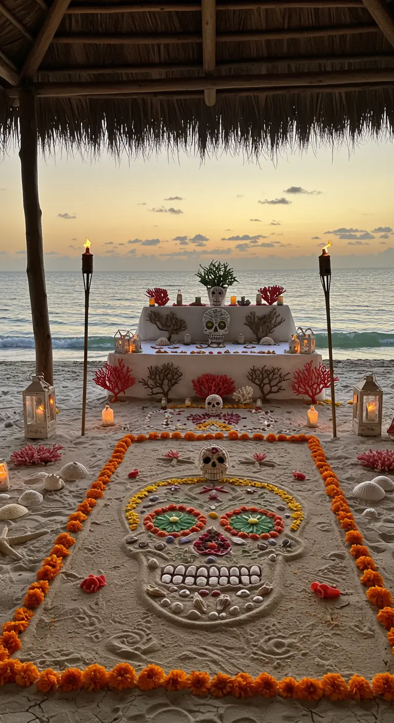 Altar de Día de Muertos en la playa con una calavera dibujada en la arena.