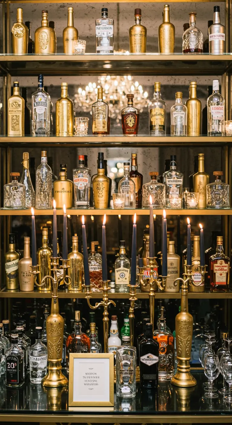 Estantería de bar decorada con botellas de licor doradas y velas negras altas.