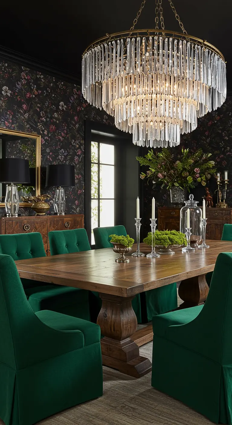 Comedor maximalista con papel pintado floral, sillas de lino verde esmeralda y lámpara de cristal.