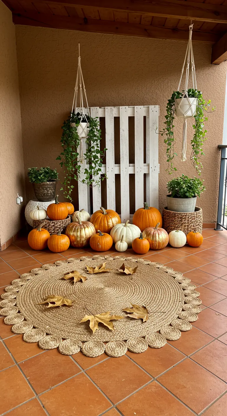 Rincón de terraza con un palet blanco, calabazas, plantas colgantes en macramé y alfombra de yute.