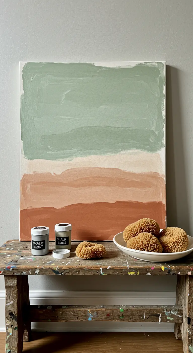 Pintura abstracta con franjas de colores tierra (verde, beige, terracota) hecha con esponja.