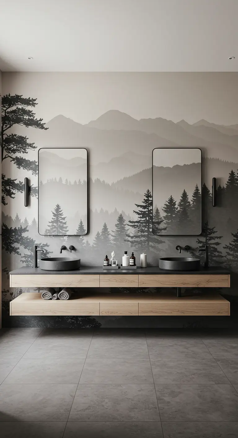 Baño con un mural de pared de un paisaje de bosque con niebla, reflejado en dos espejos.
