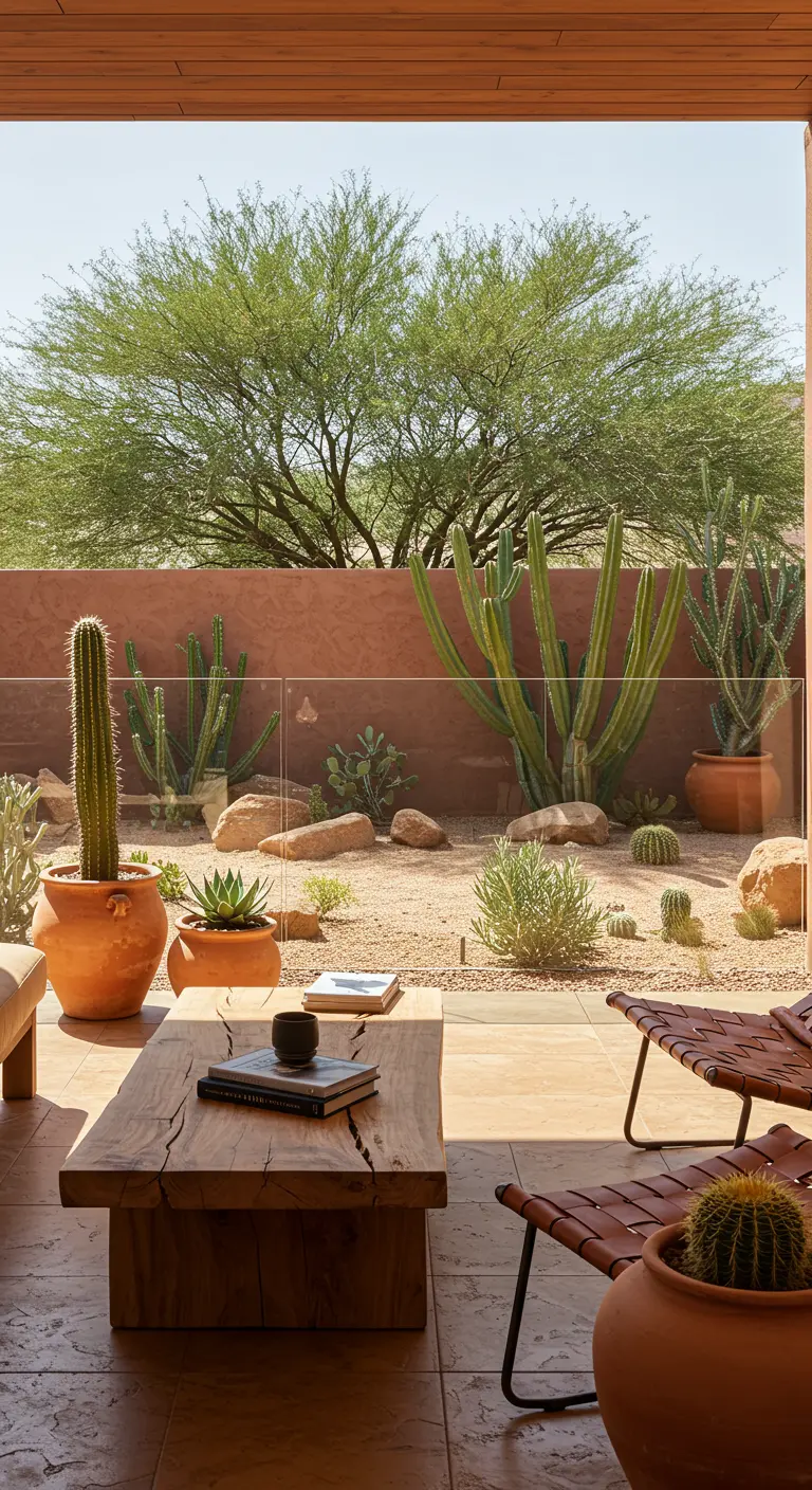 Patio de estilo desértico con cactus en macetas de terracota y barandilla de cristal
