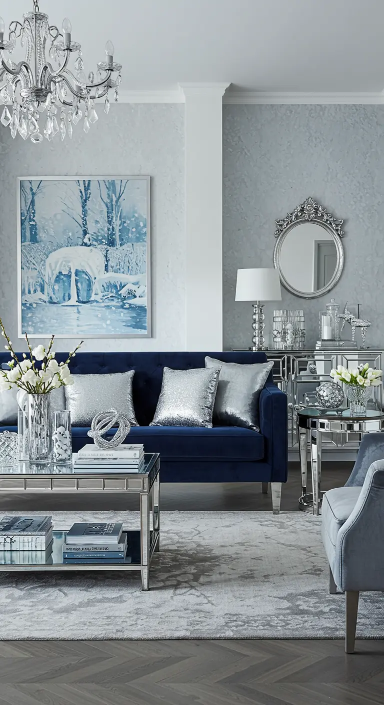 Lujoso salón en tonos azules y plateados con muebles de espejo y un candelabro de cristal.