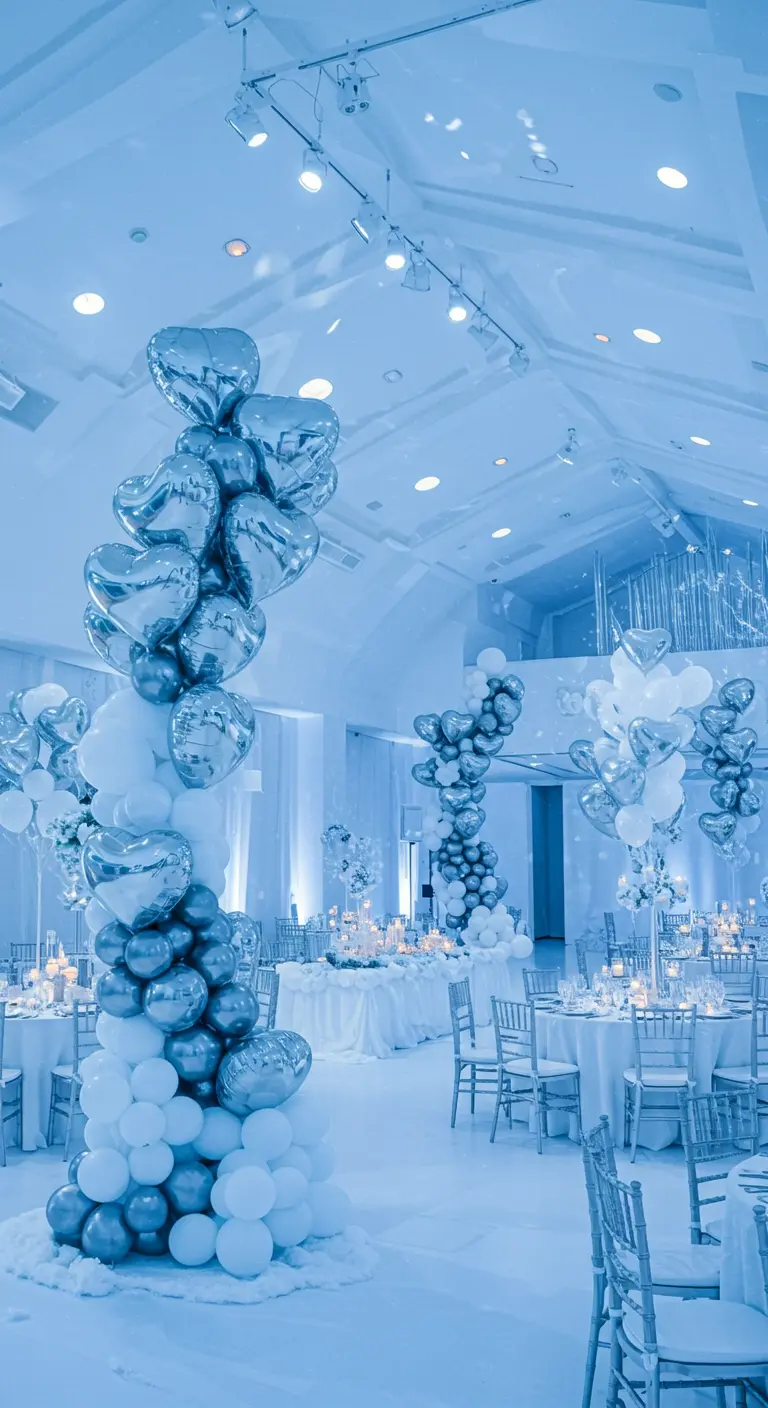 Salón de fiestas decorado en tonos azules y blancos con columnas de globos plateados.