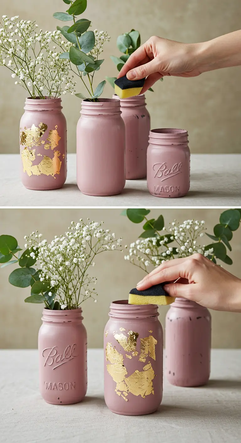 Frascos de color rosa empolvado decorados con trozos de pan de oro para un efecto lujoso y desgastado.