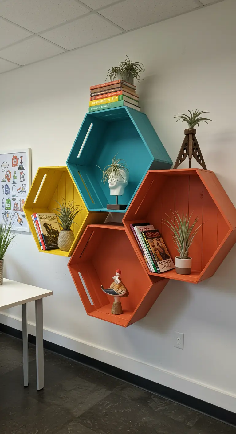Estantes hexagonales de colores hechos con cajas de vino y dispuestos en la pared.