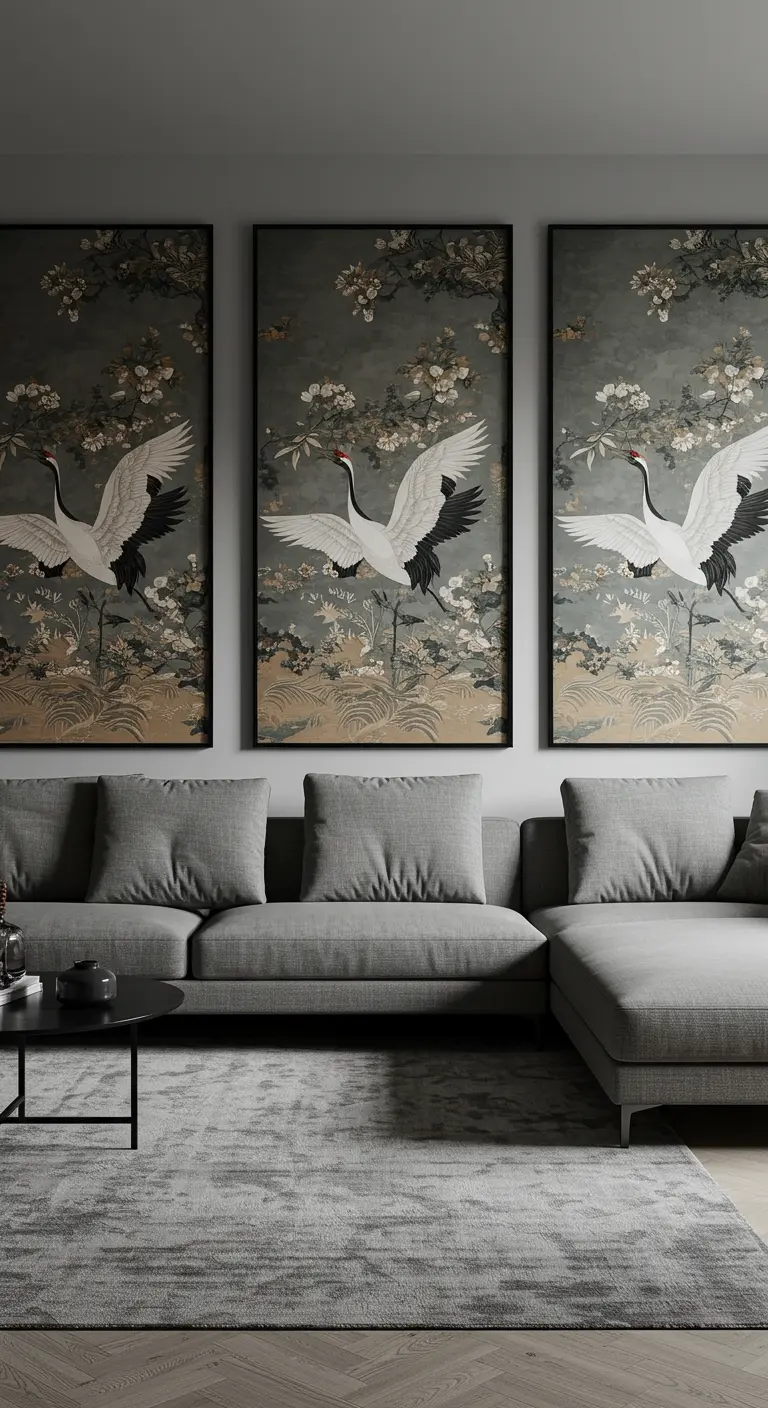 Tres paneles verticales con papel tapiz de grullas japonesas colgados sobre un sofá gris.