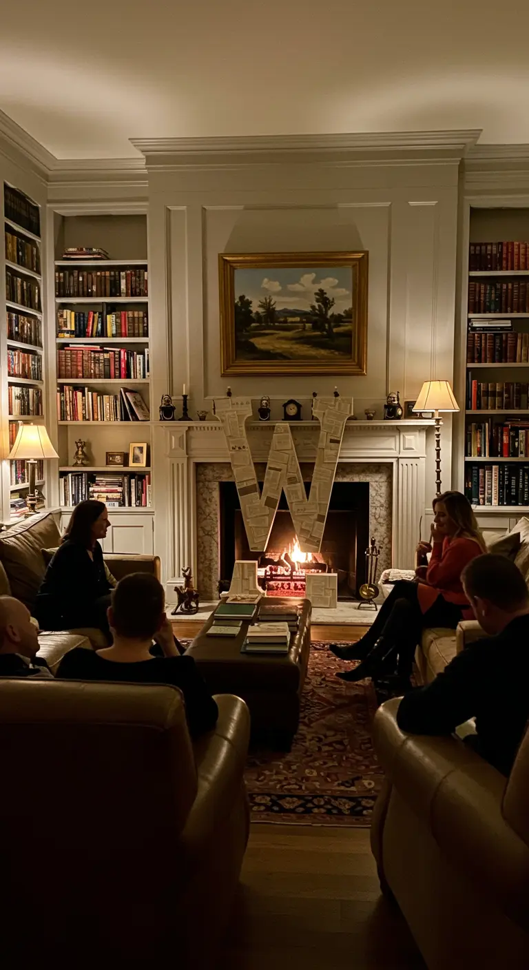 Letra 'W' gigante hecha de papel de periódico frente a una chimenea en una biblioteca.