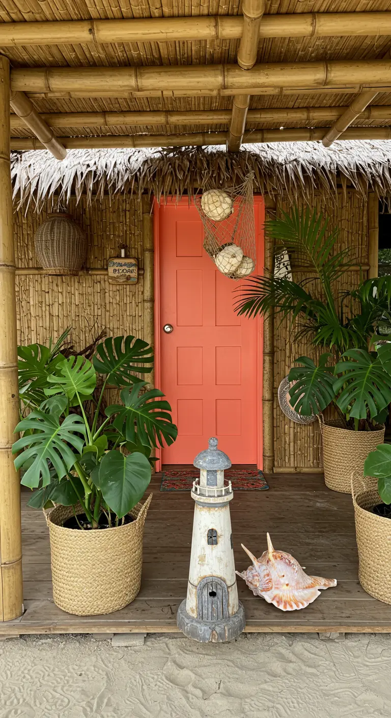 Porche tropical de bambú con puerta color coral, plantas grandes y un faro junto a una caracola gigante.