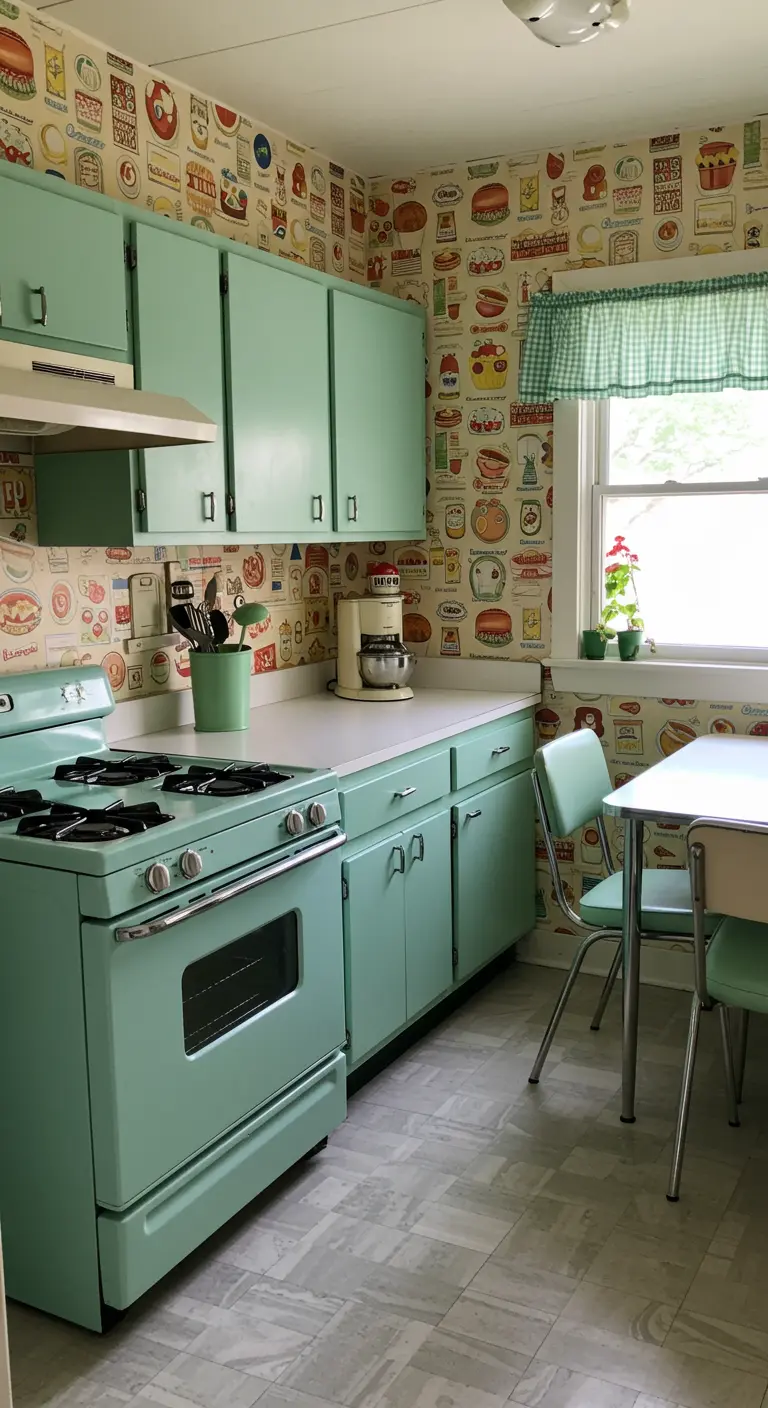 Cocina retro con armarios verde menta y divertido papel pintado con motivos de comida.