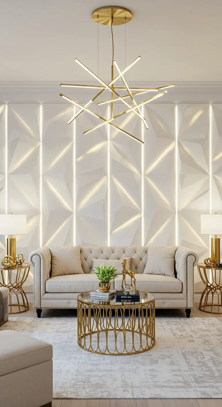 Pared de acento con paneles geométricos 3D blancos, iluminada por tiras de LED verticales.