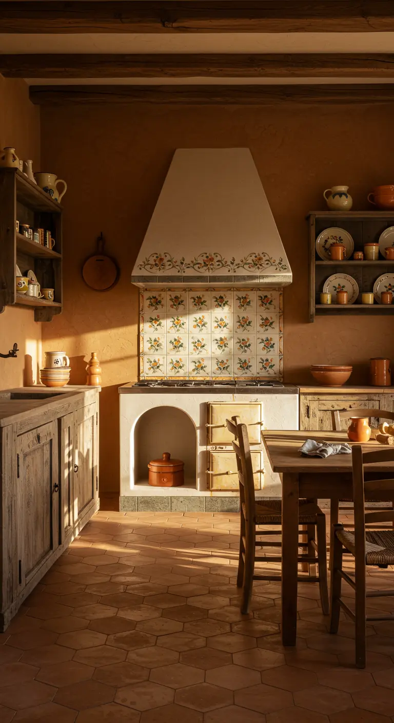 Cocina rústica con paredes en tono terracota, azulejos decorativos y muebles de madera envejecida.
