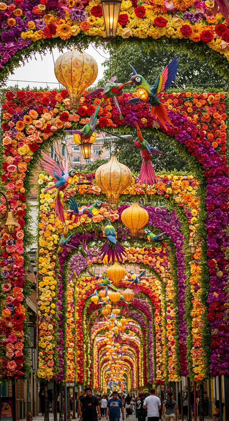 Arcos cubiertos de flores de colores vibrantes formando un túnel en una calle.