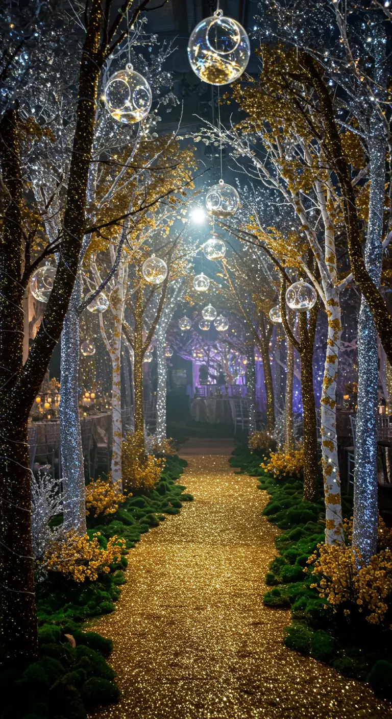 Pasillo decorado como un bosque encantado con árboles iluminados y un camino de purpurina dorada.