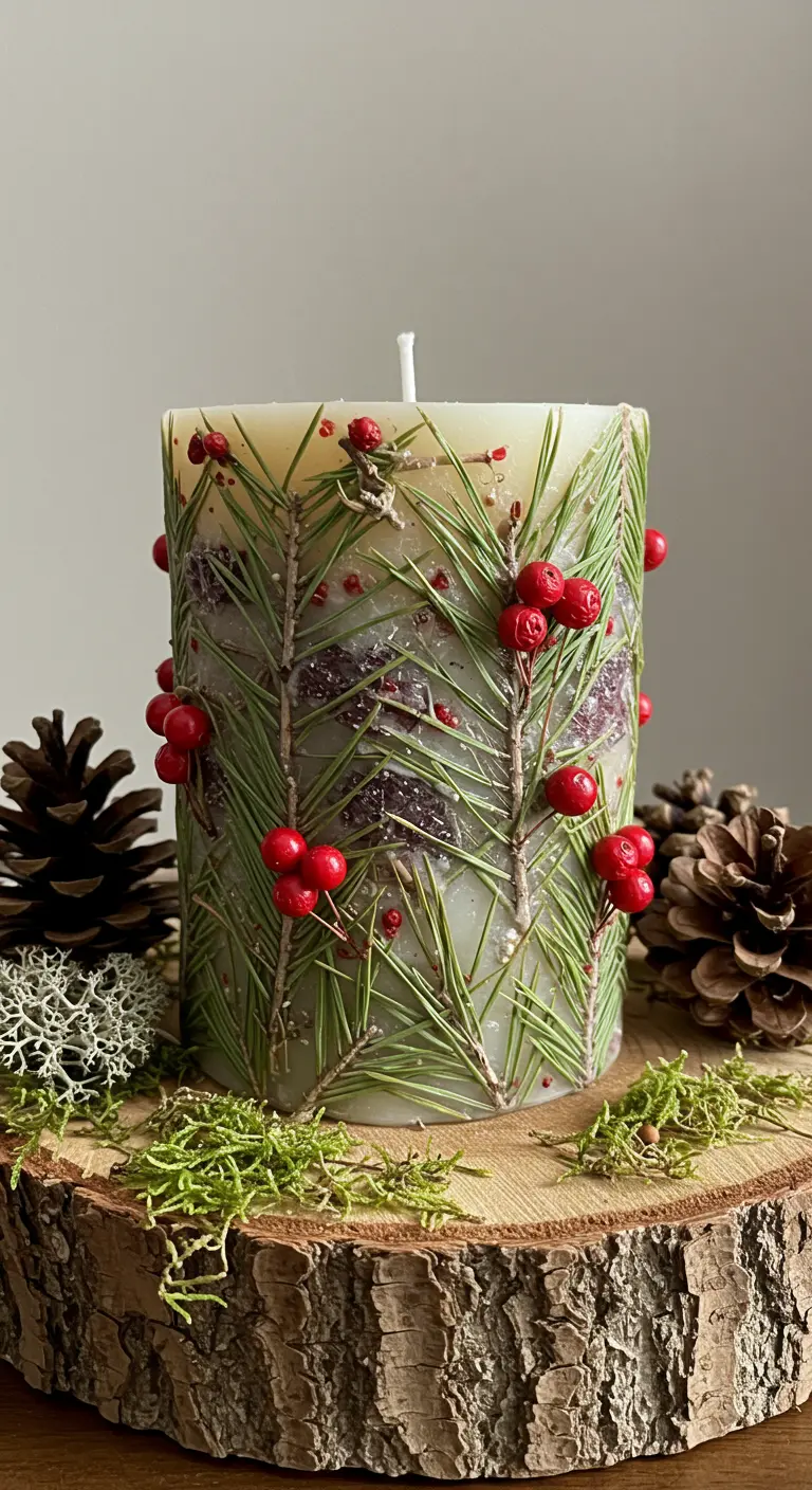Vela cilíndrica blanca decorada con ramas de pino y bayas rojas.