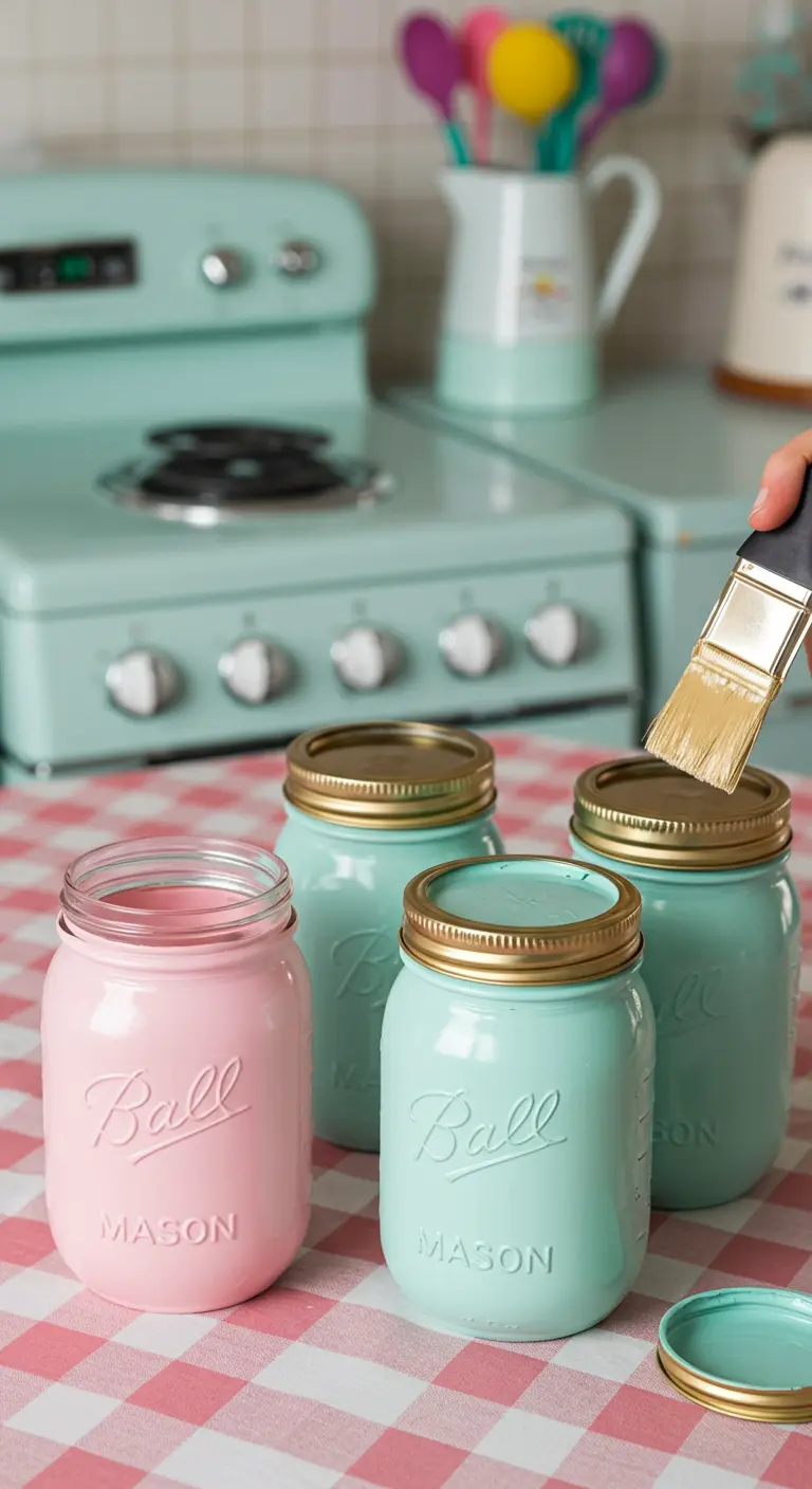 Frascos pintados en rosa y verde menta con tapas doradas brillantes, sobre un mantel de cuadros.