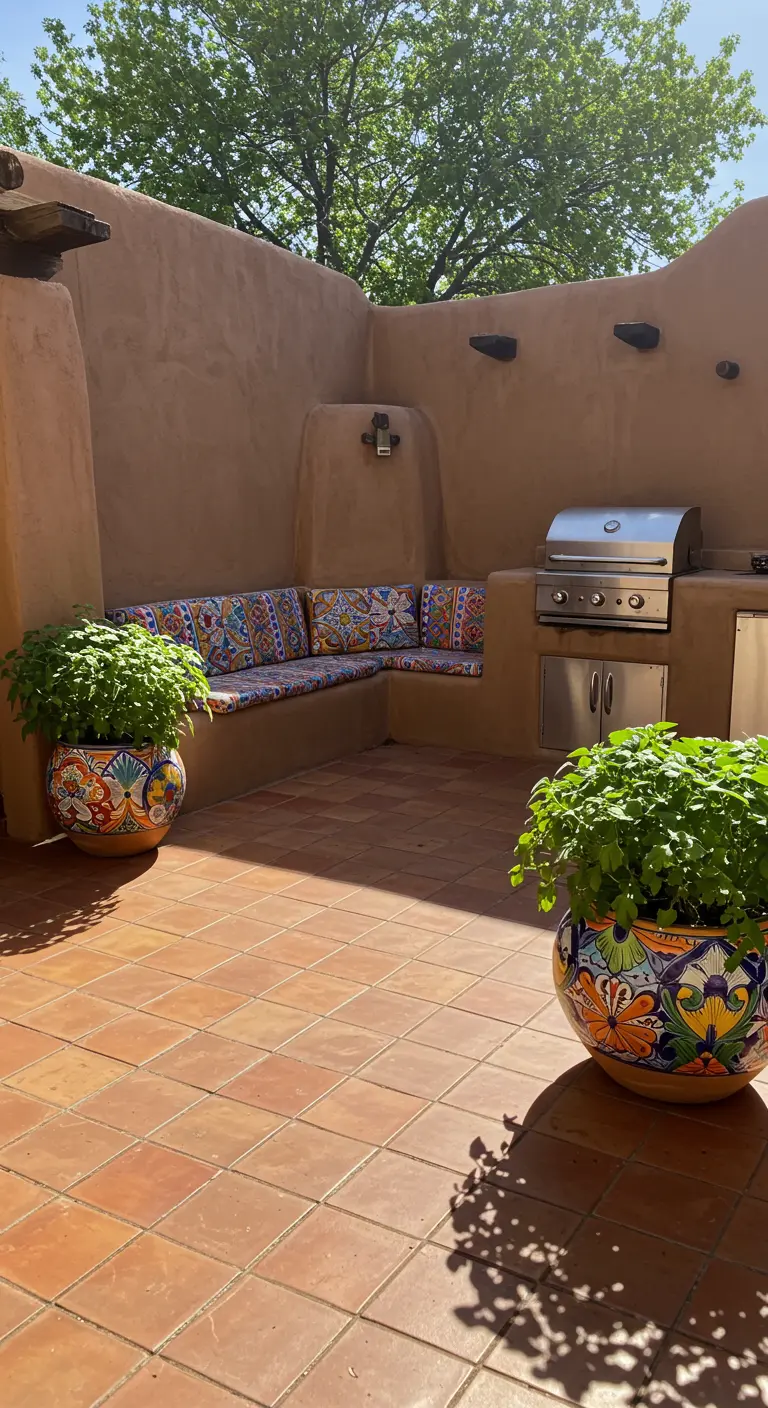 Patio de estilo suroeste con paredes de adobe, un banco de obra y grandes macetas de Talavera.