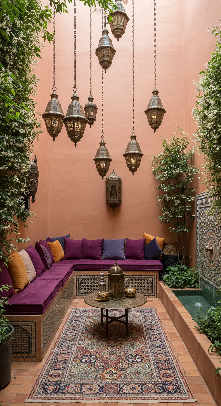 Patio interior de estilo marroquí con paredes terracota, sofá en L morado y faroles metálicos