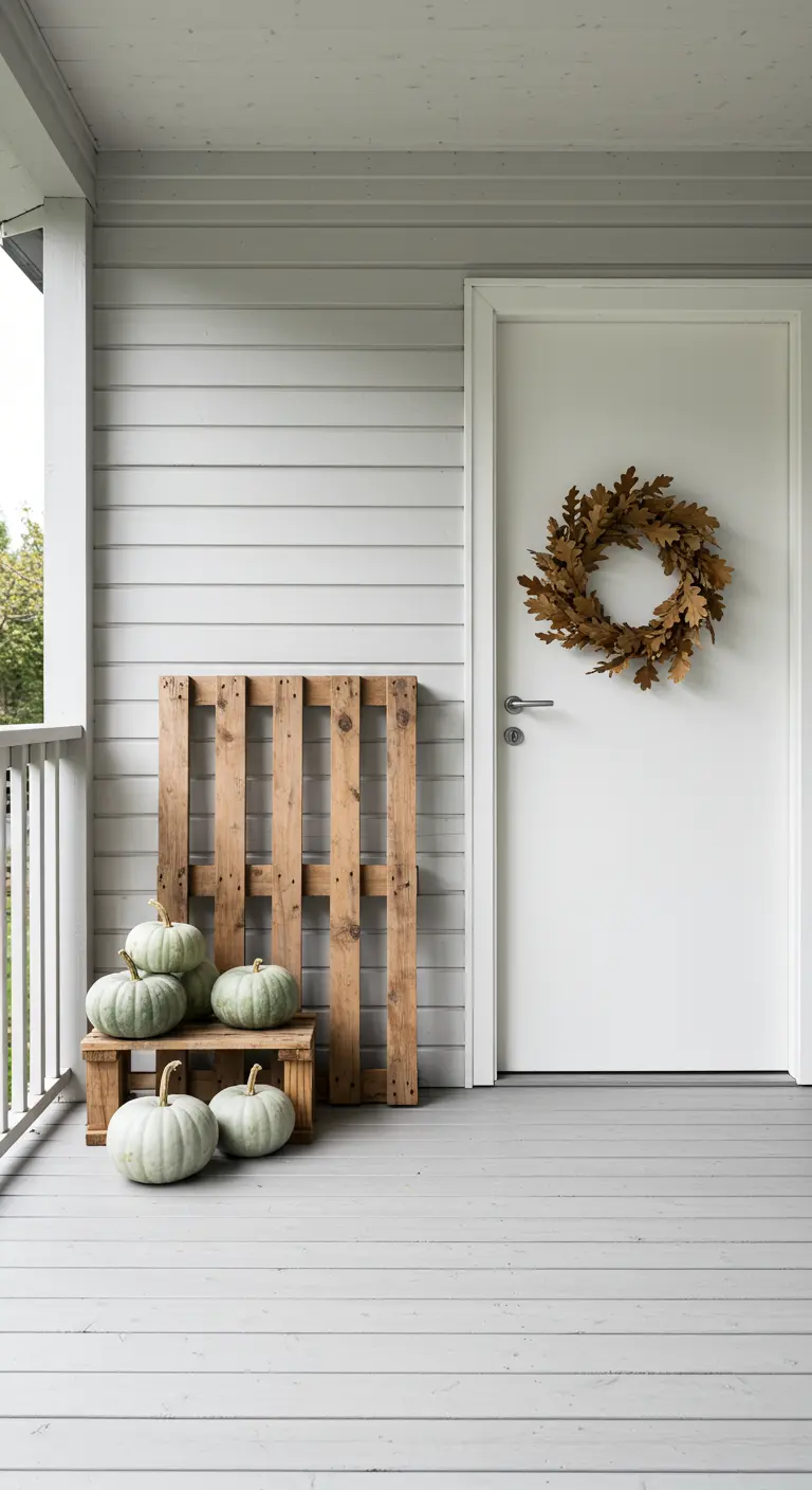 Decoración minimalista con palets de madera clara, calabazas verde pálido y una corona de hojas secas.