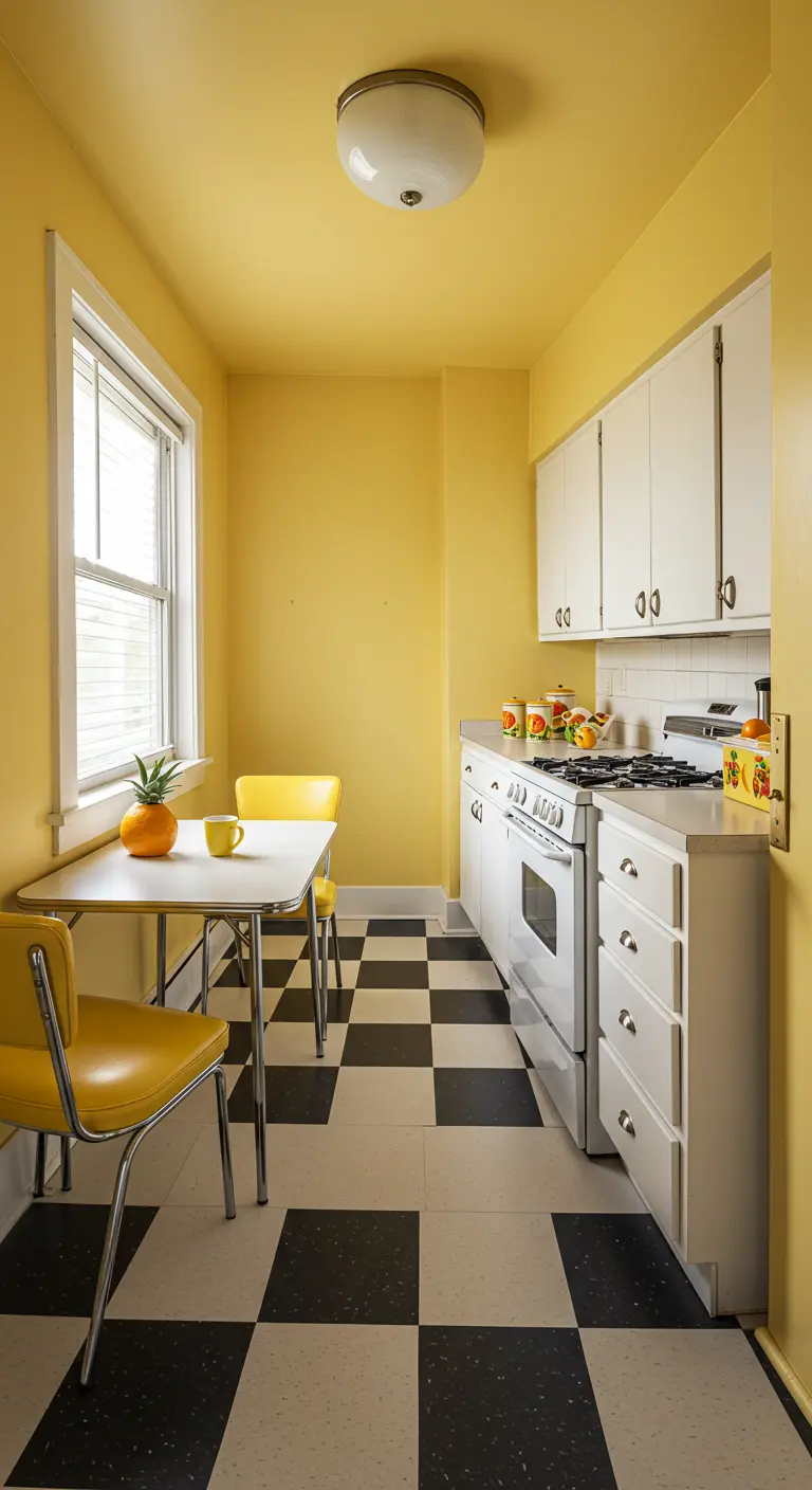 Cocina retro pequeña con paredes amarillas, armarios blancos y suelo de damero.
