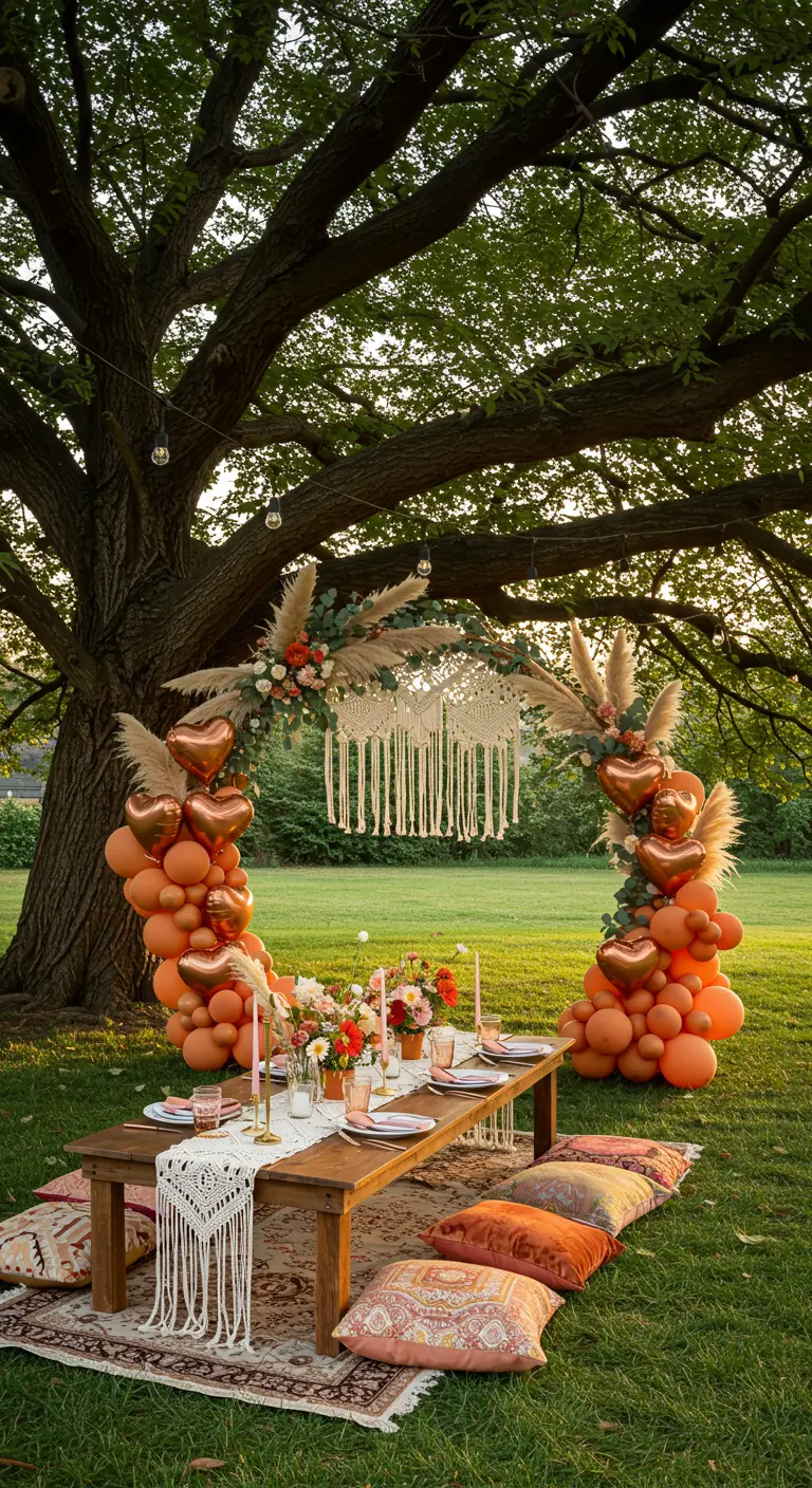 Pícnic bohemio al aire libre con un arco de globos naranjas y corazones de cobre.