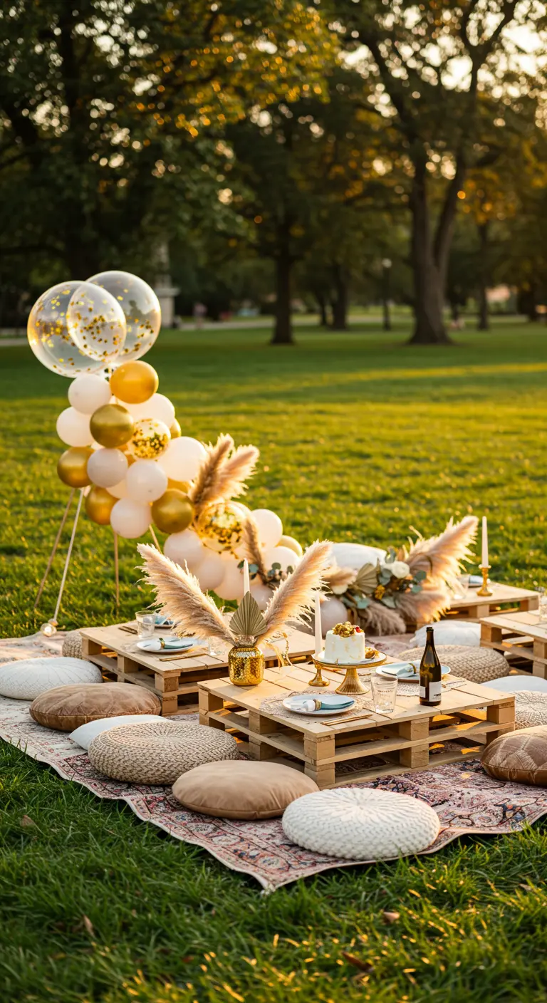 Picnic bohemio en el parque con una pequeña guirnalda de globos dorados y con confeti.