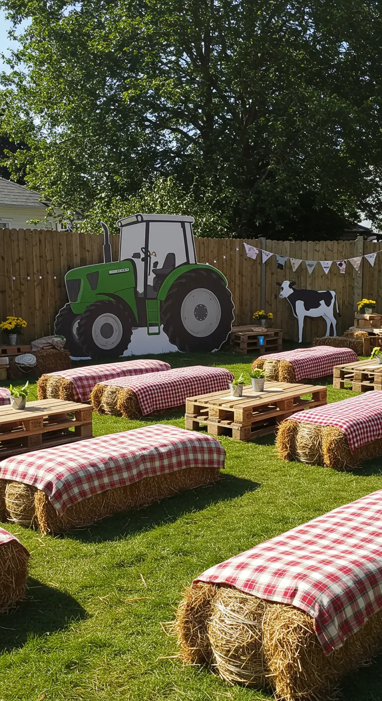 Decoración de fiesta en un jardín con pacas de heno como asientos y un tractor de cartón gigante.
