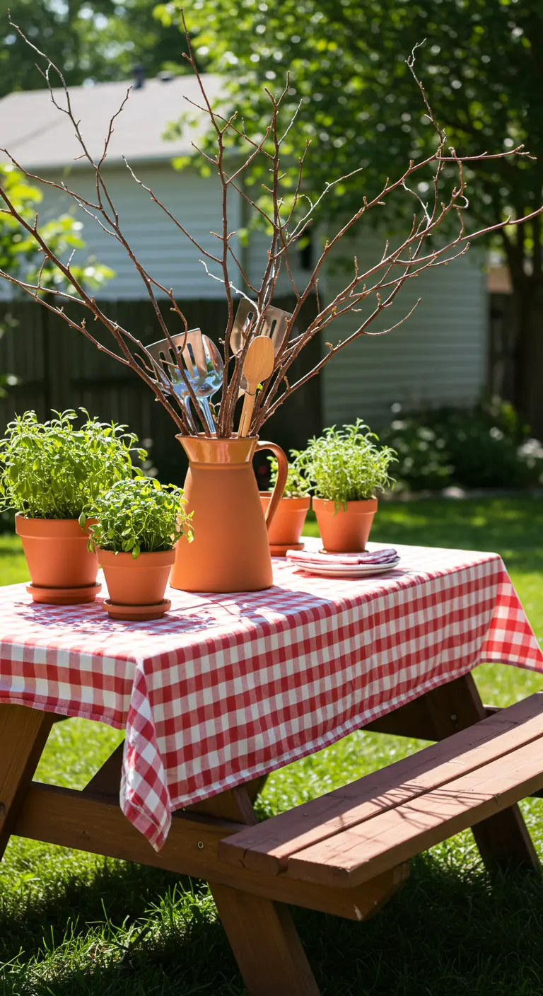 Mesa de picnic con mantel a cuadros y una jarra de terracota con ramas y cubiertos.