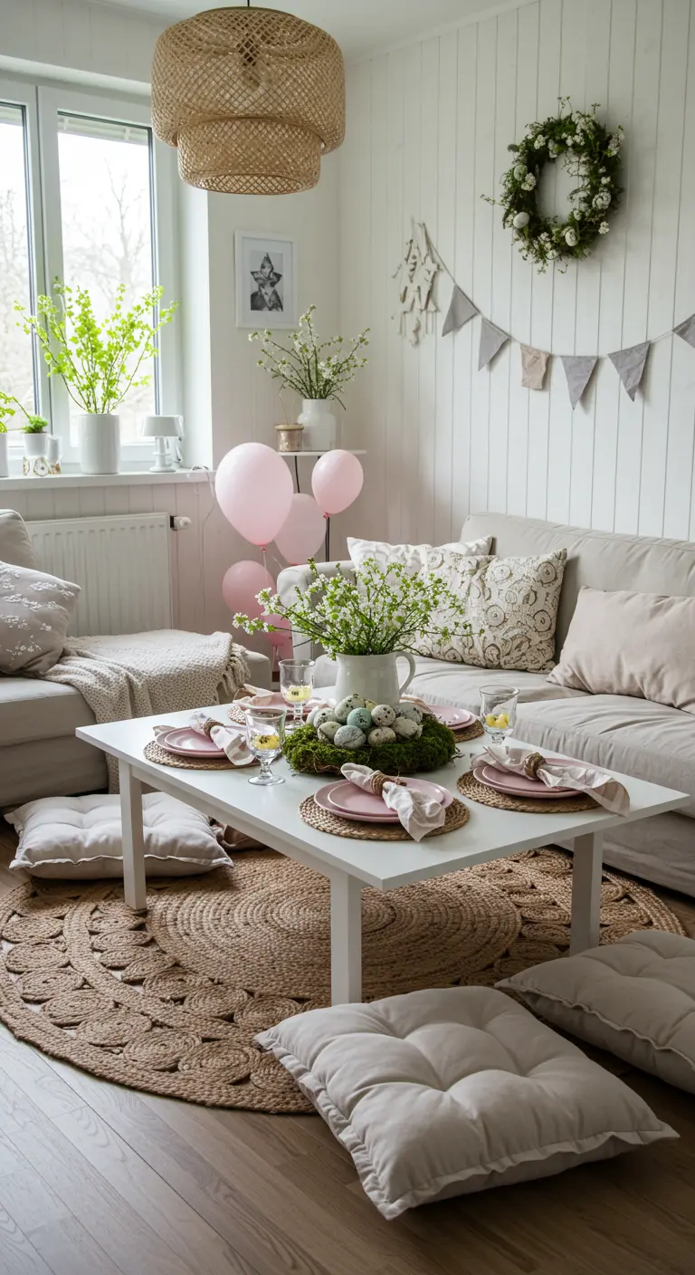 Una sala de estar decorada para Pascua con una mesa baja, cojines en el suelo y globos rosas.