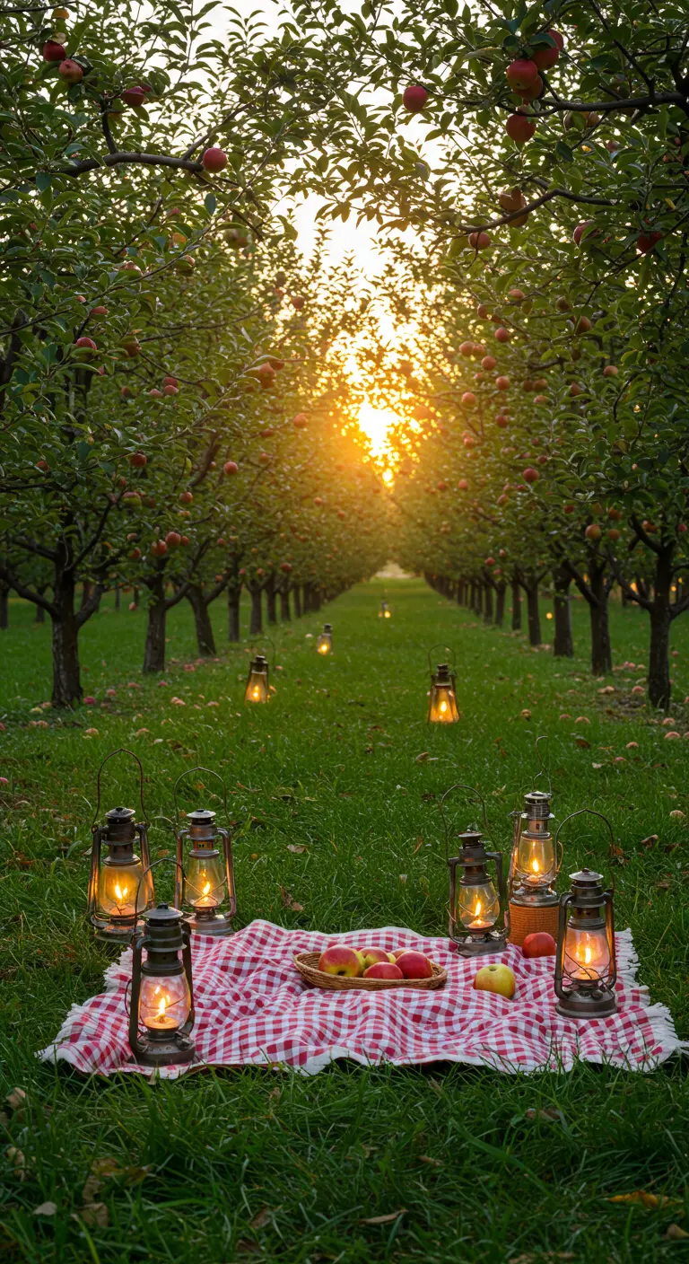 Picnic en un huerto de manzanos con un mantel de cuadros, manzanas y faroles de aceite de estilo retro.