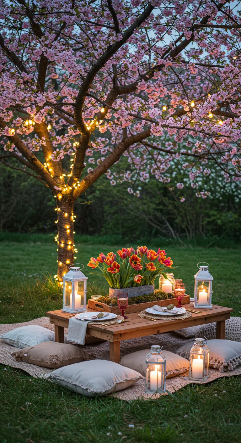 Picnic en el césped bajo un cerezo en flor iluminado con guirnaldas de luces.