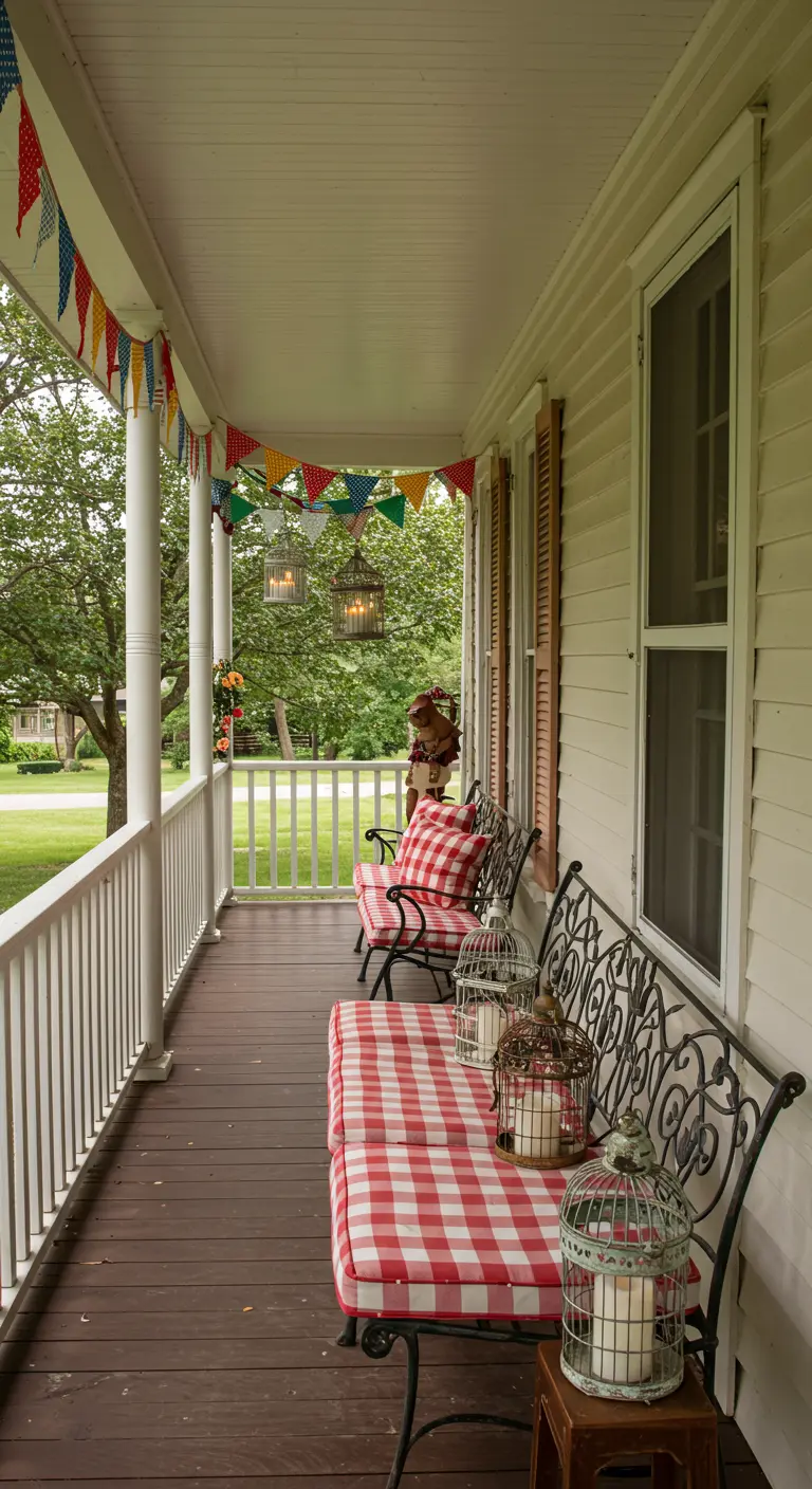 Porche decorado con cojines de cuadros rojos, banderines y pequeñas jaulas con velas.