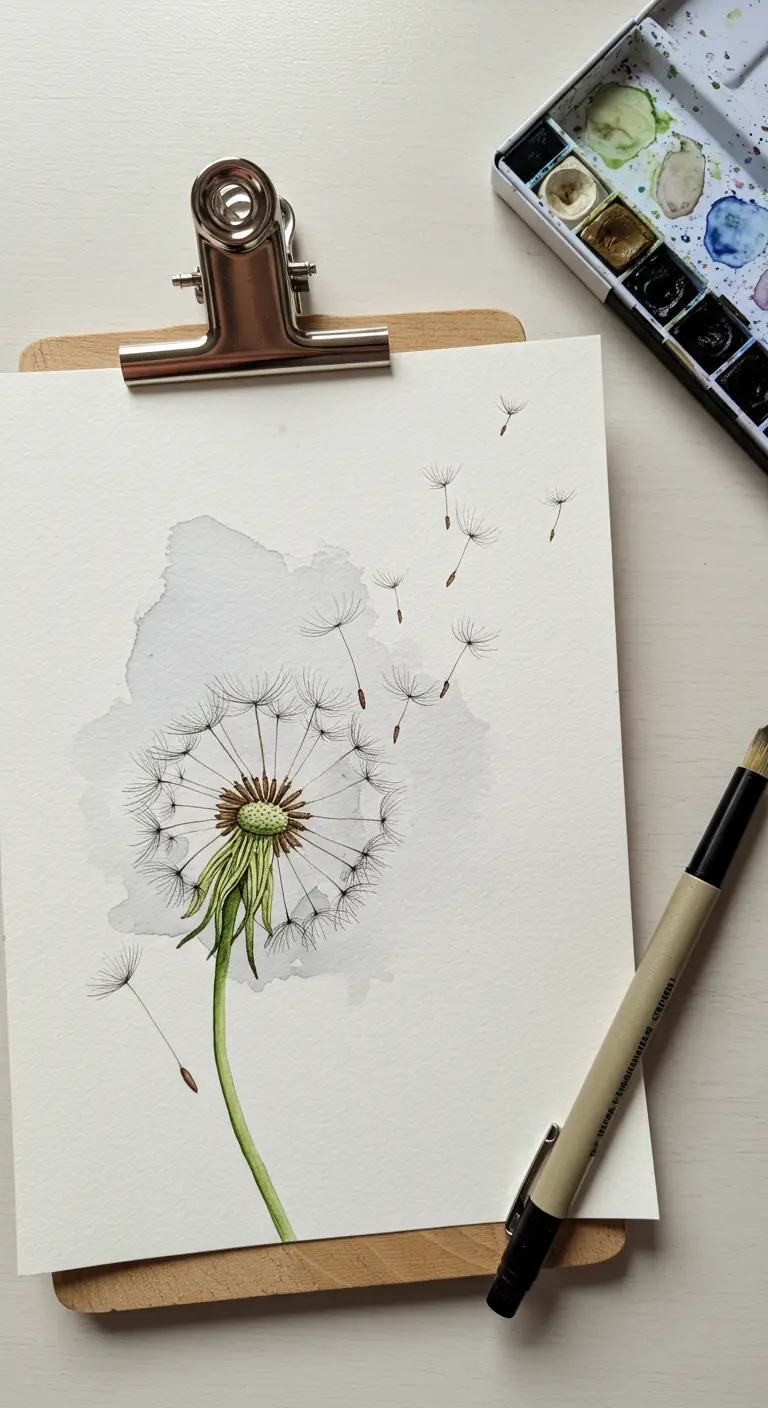 Ilustración de un diente de león con semillas volando, hecha con acuarela y tinta negra.