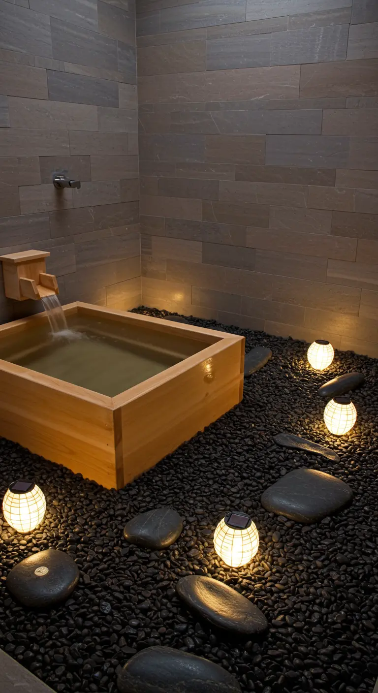 Bañera japonesa de madera rodeada de cantos rodados y lámparas solares en forma de piedra.