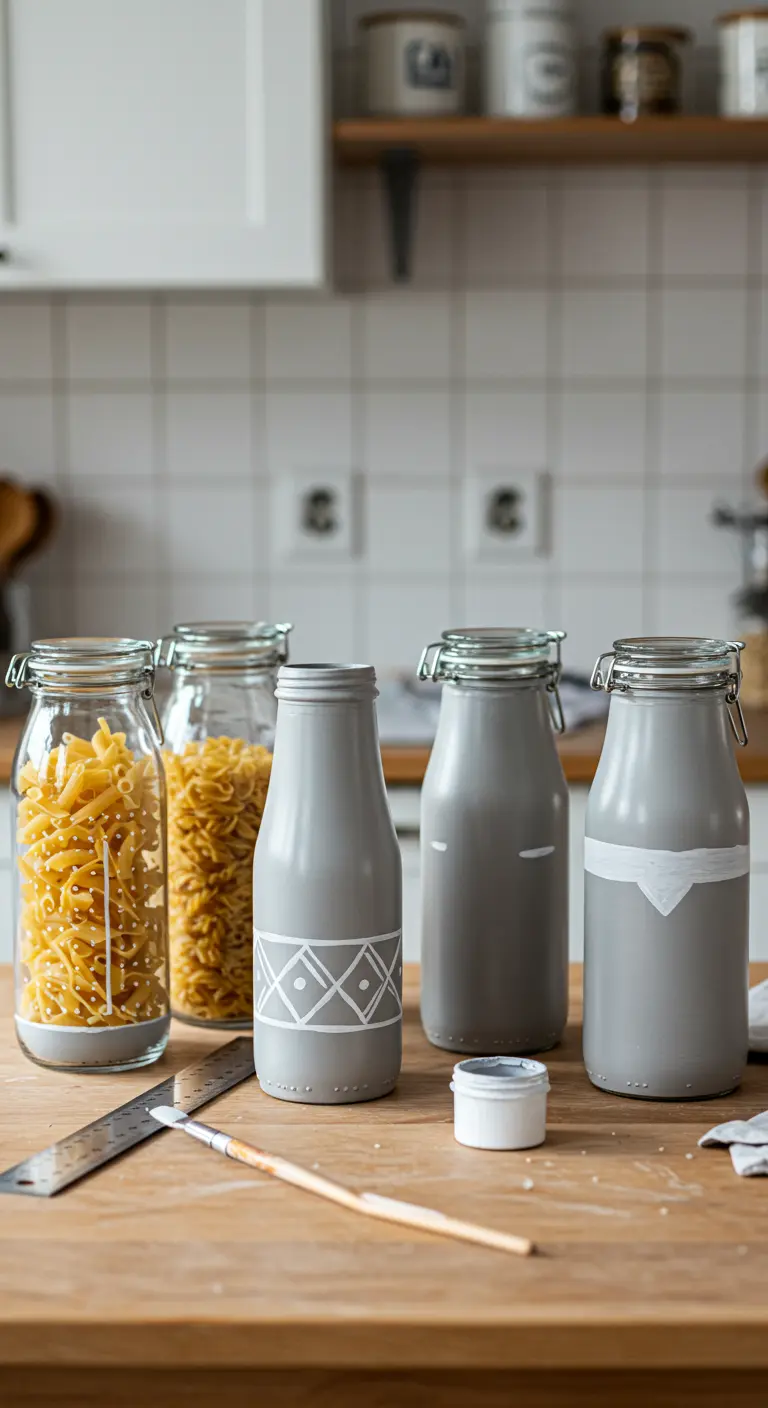 Frascos grises con diseños geométricos blancos pintados a mano, usados para almacenar pasta.